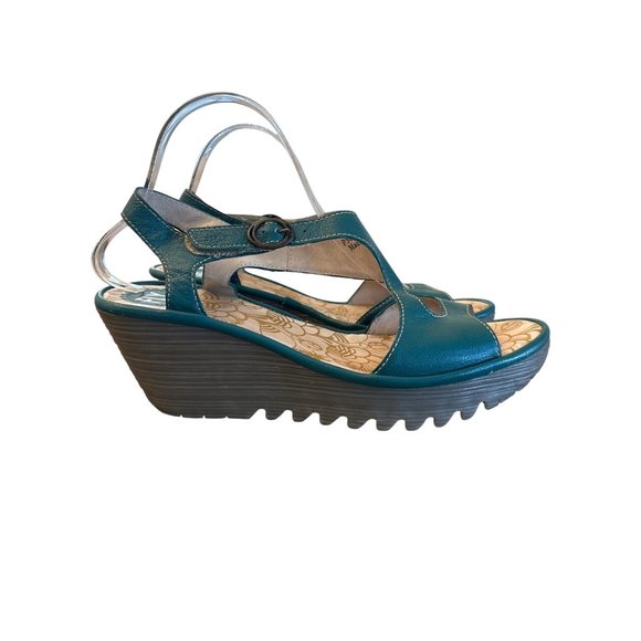 Fly London Yax Slingback Platform Wedge Sandal Green Leather Size‎ 42 / 11 - Picture 2 of 9